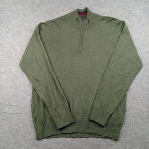Tom James Sweater Mens Large Green Merino Wool Quarter Zip Mock Neck Pullover